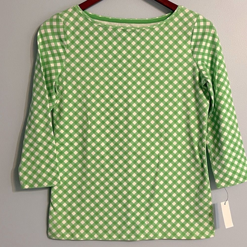 NWT Talbots Pima Cotton Bateau Neck Tee Green Gingham Sz Petite //Quarter Sleeve - Picture 2 of 12